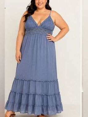 Rue+ Dusty Blue Lace Maxi Dress 4X Boho Cottagecore Sleeveless Tie Back Beach